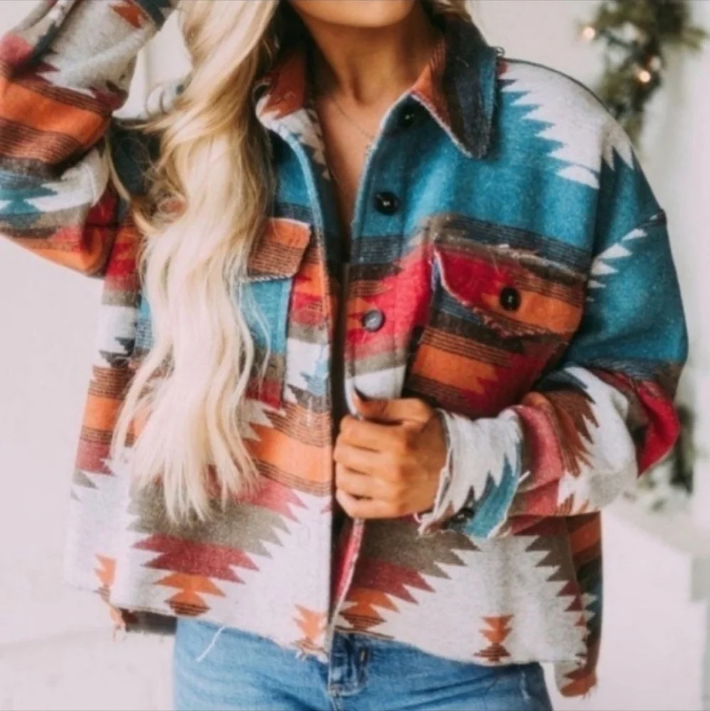 New Western Farmhouse Distressed Flannel Jacket Coat Shacket Button Top Blue Red - Picture 5 of 11